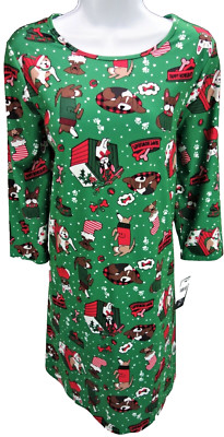 Small Christmas Holiday Shift Dress Puppy Dogs Green Stretch Lounge Sleep 