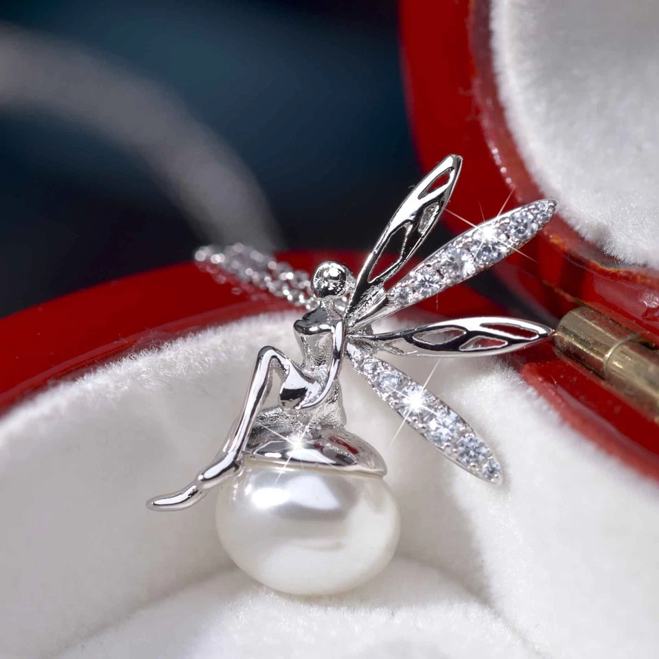 Silver dragonfly fairy necklace made with swarovski crystal pearl pendant 45cm Foto 4 de 4