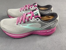 Brooks Shoes Women 10 Ghost 14 Gray Pink Yucca Running Athletic Sneakers Walk