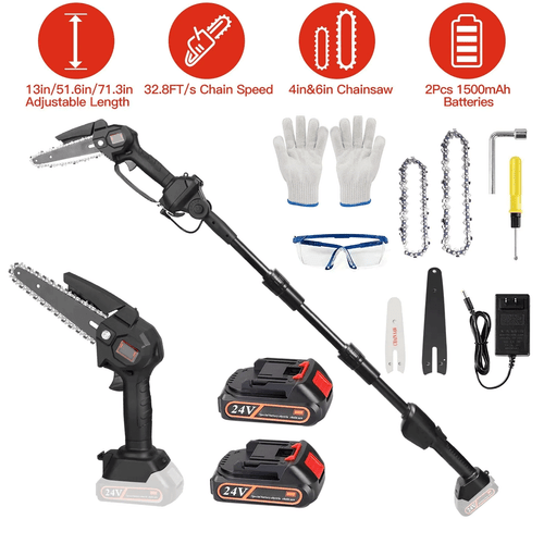 Cordless Pole Saw Mini Chainsaw 2-in-1 Tree Trimming 9" Extension Rod Adjustable