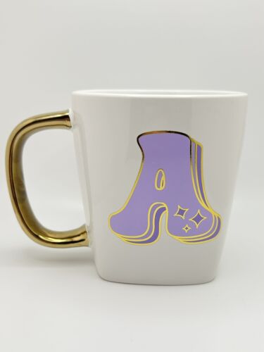 Letter Initial "A" Purple Gold White Coffee Tea Ceramic Mug Cup