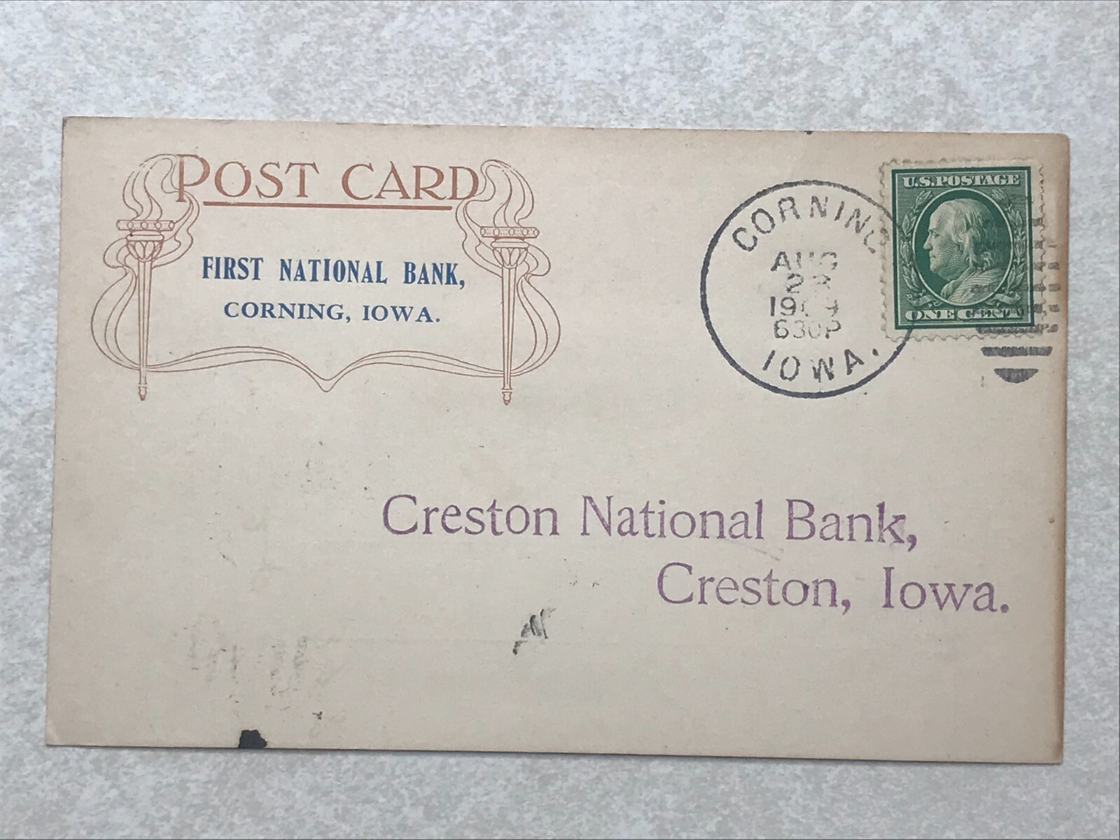A1473 Postcard Postal Card The First National Bank Corning Iowa IA 1909