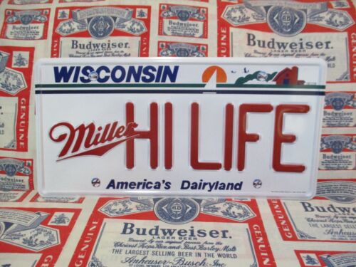 NEW 90's MILLER HIGH LIFE BEER WISCONSIN WI LICENSE PLATE IN MOTION TIN BAR SIGN - Picture 1 of 3