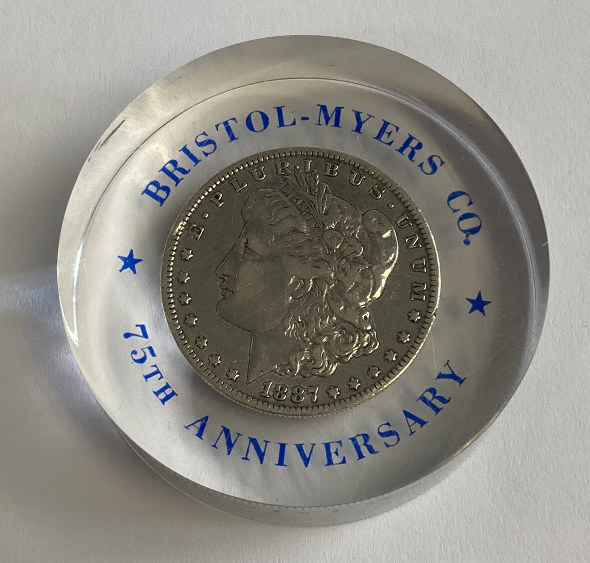 Bristol-Myers Company Morgan Silver Dollar Lucite 75th Anniversary ...