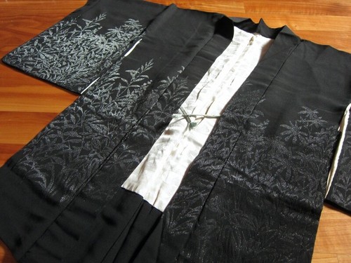 Giacca giapponese Haori Montsuki* nero kimono elegante Vintage 100% seta - Foto 5 di 20