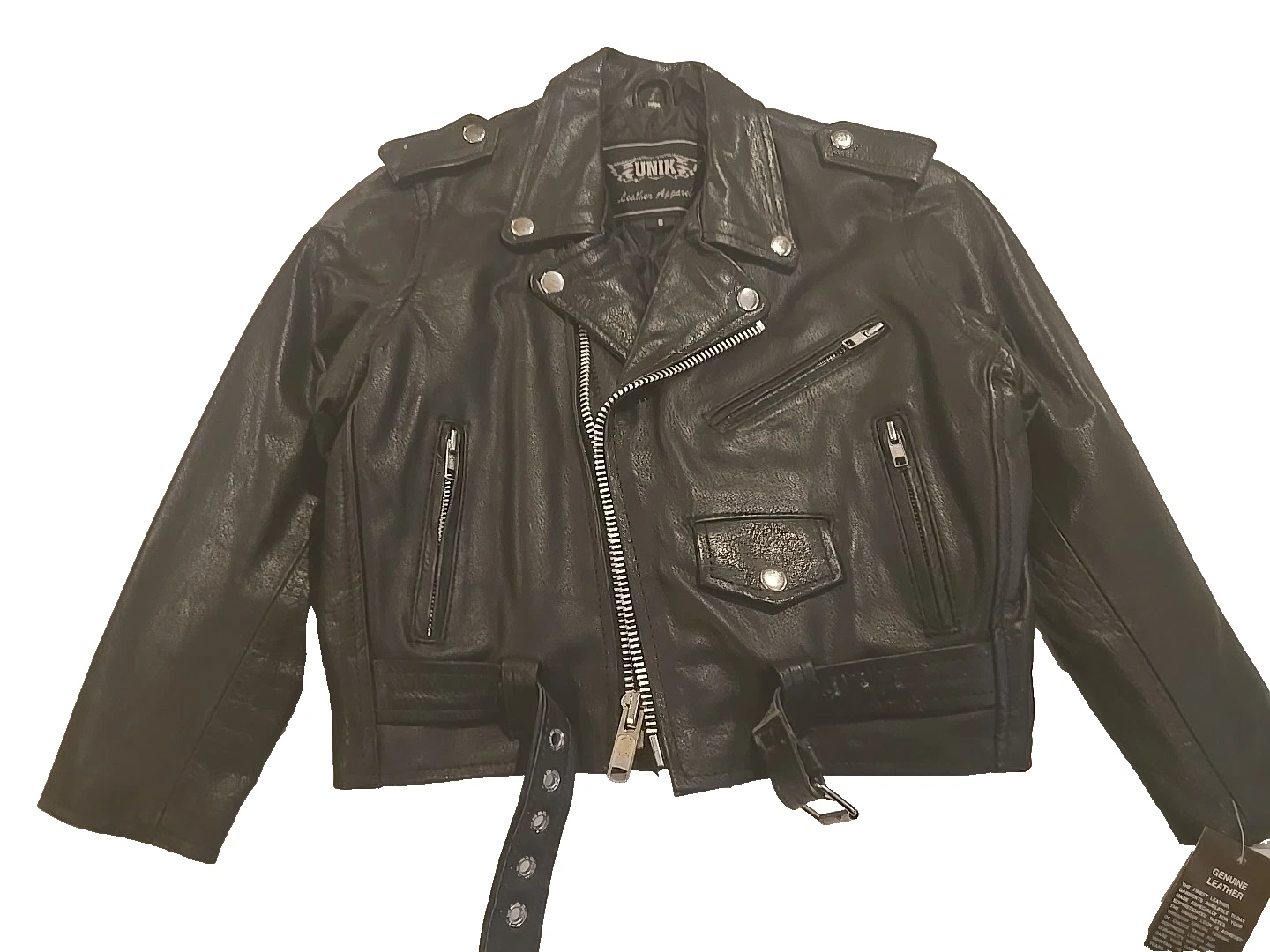 UNIK 1010 Childs genuine Leather Classic Style Biker Jacket Zippers snap collar