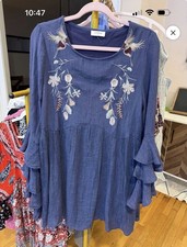 UMGEE Blue Embroidered A-Line Dress Ruffle Sleeves Bird Floral Lightweight Women