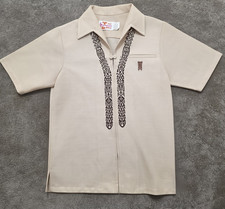 VTG 60s/70s Sears Hawaiian Fashions Shirt Tan/Beige Tribal Tiki Embroidery Men  s