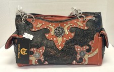 NWT Cowgirl Trendy Western Tooled Leather Burnt Orange/Black Rhinestone Purse