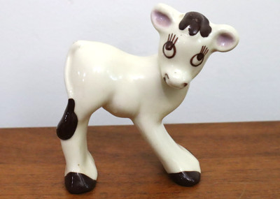 MCM Cow Calf Figurine 3'' Knick Knack Vintage 1960s Porcelain Walker Pottery Cali