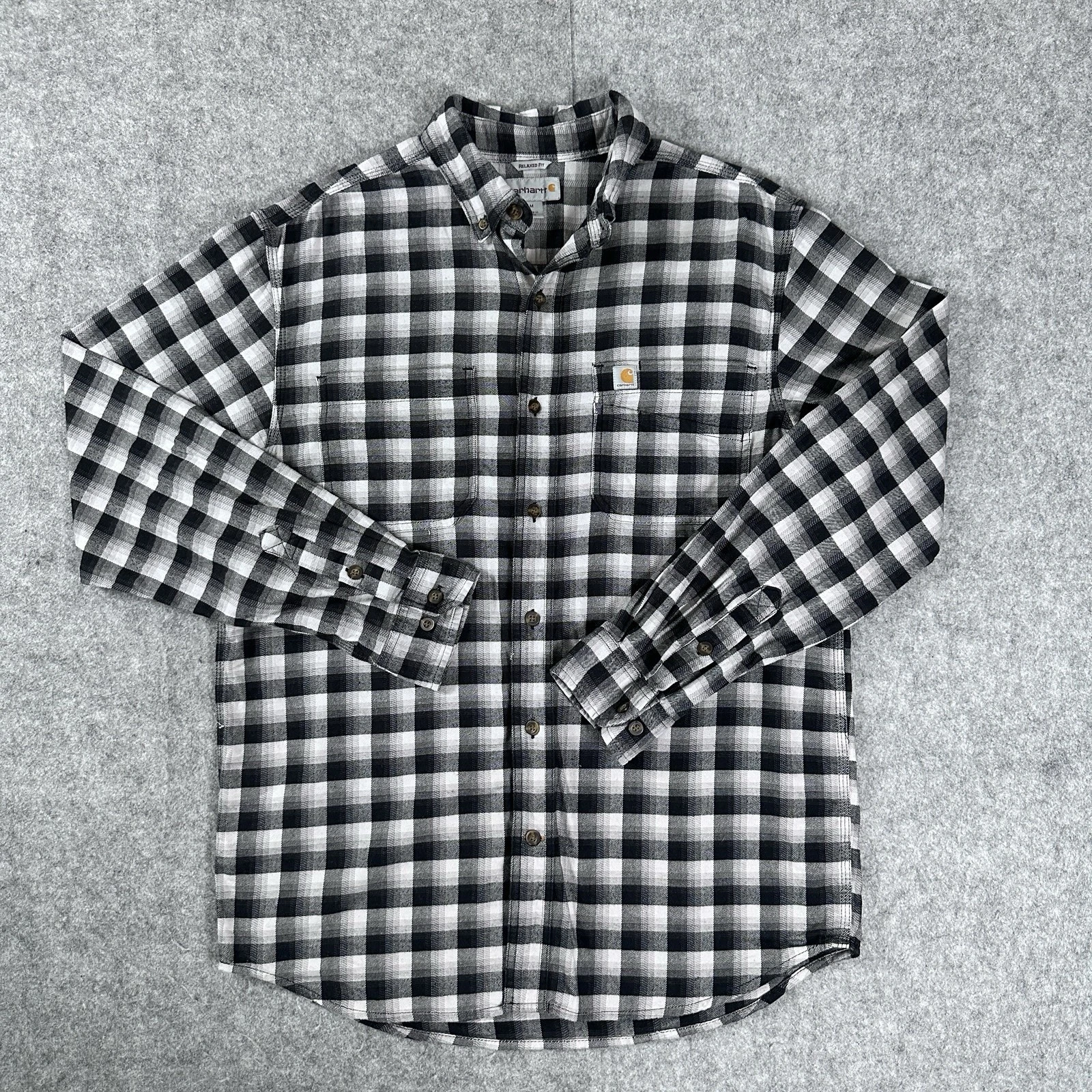 Carhartt Black White Plaid Flannel Relaxed Fit Long Sleeve Button Shirt Size Med