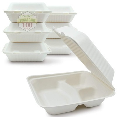 100 Count 3-Compartment Bagasse Clamshell Food Boxes Compostable Takeout Party
