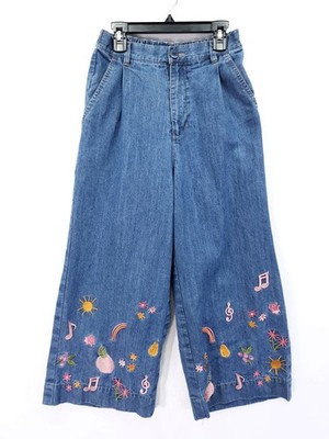 ModCloth X Princess Highway Size 8 Embroidered Pockets Crop Wide Leg Jeans