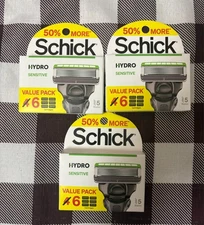 Lot Of 3 Schick Hydro Sensitive 5 Blade Refills 6 Cartridges In Each Pack.