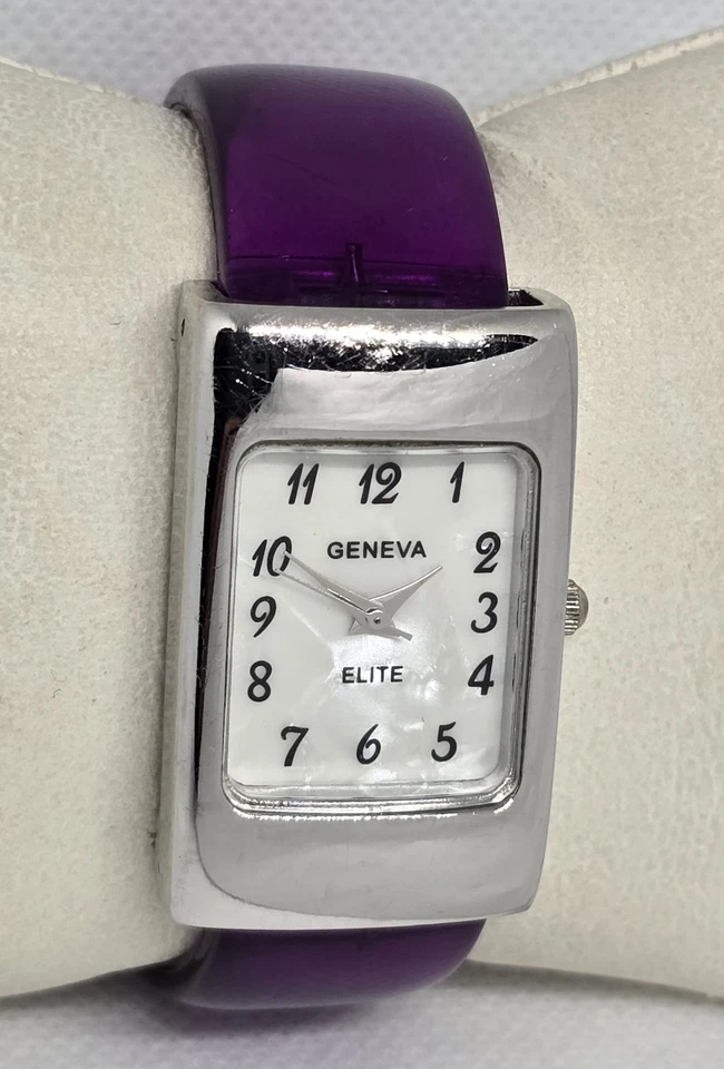 Reloj pulsera para mujer Geneva Elite rectangular tono plata púrpura plástico brazalete 12 Foto 3 de 4