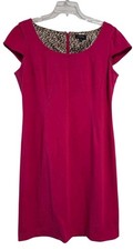 Tahari Bright Pink Sheath Dress Leopard Lined Yoke Size 12
