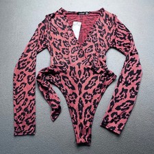 Boohoo Leopard Print Plunge Bodysuit Womens 4 Brown NEW Long Sleeve Wrap Tie