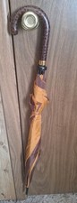 Vintage Aramis 80s Brown/Gold Walking Cane 36" Umbrella W Leather Handle