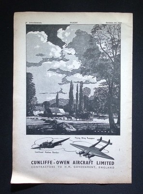 Original 1942 Advert Cunliffe-Owen Aircraft Lockheed Hudson Bomber