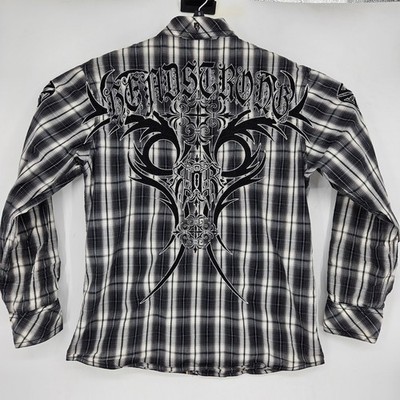 Roar Shirt Mens XL Plaid Embroidered Button Up Western Goth Long Sleeve Grunge