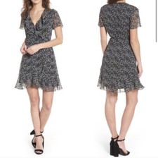 EXCELLENT Lush Polka Dot Dress Size M Black V Neck Wrap Style Boho Beach