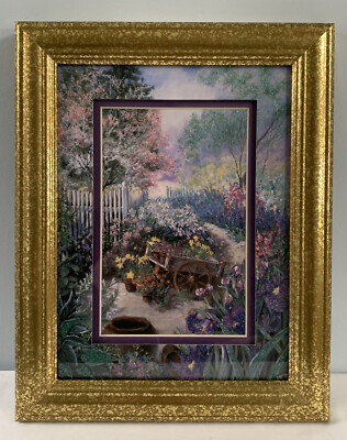 Gorgeous Framed Garden Scene Print With Hand Painted Accents & Border 9870G NEW!