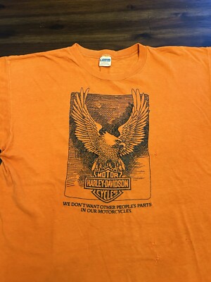 トップス 70s Champion Harley-Davidson VTG shirt Vintage 70's Harley Davidson Eagle Champion Blue Bar Orange T