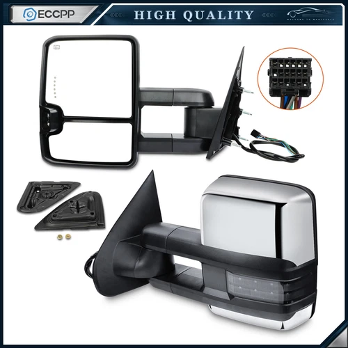 Power Heated Tow Mirrors Chrome For 15-17 Chevy Silverado GMC Sierra 1500 2500HD