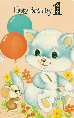 1st Happy Birthday Girls Boys Vintage Greeting Card Cute Kitten