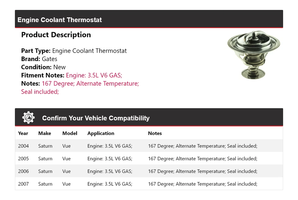Para 2004-2007 Saturn Vue 3.5L V6 Motor Gas Refrigerante Termostato Puertas 2005 2006 Foto 2 de 4