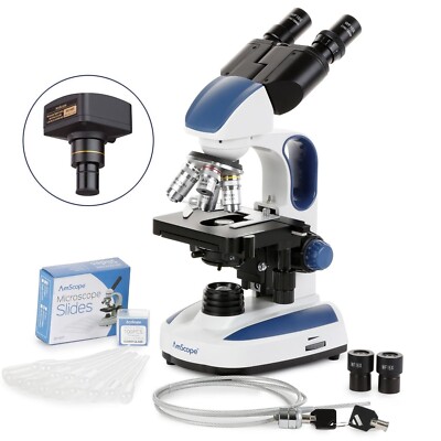 Amscope 40X-2500X LED Compound Microscope+ 1.3MP C-Mount Camera + Slides + More