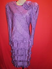 JILL RICHARDS Vintage Pink Black Graphic Print Silk Ruffled Flapper Dress Sz 14