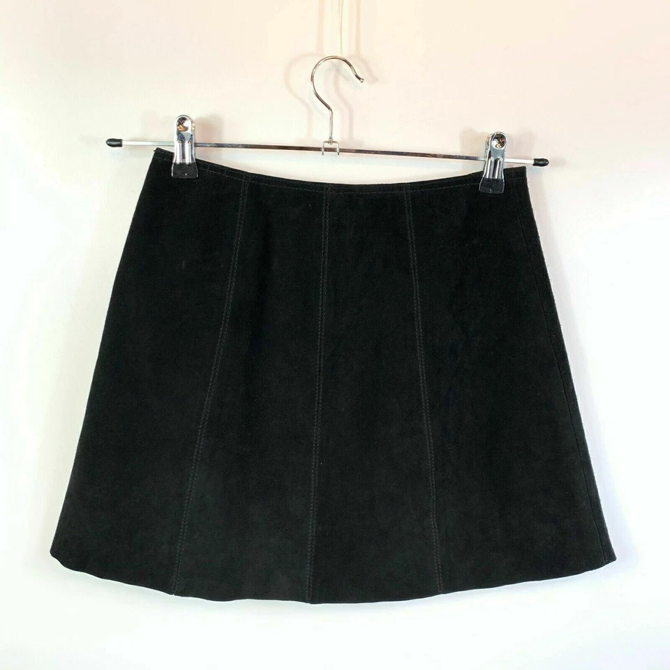 Topshop Damas 6 8 XS Gamuza Mini Falda Cuero Real Popper Botón Frontal Línea A Foto 3 de 4