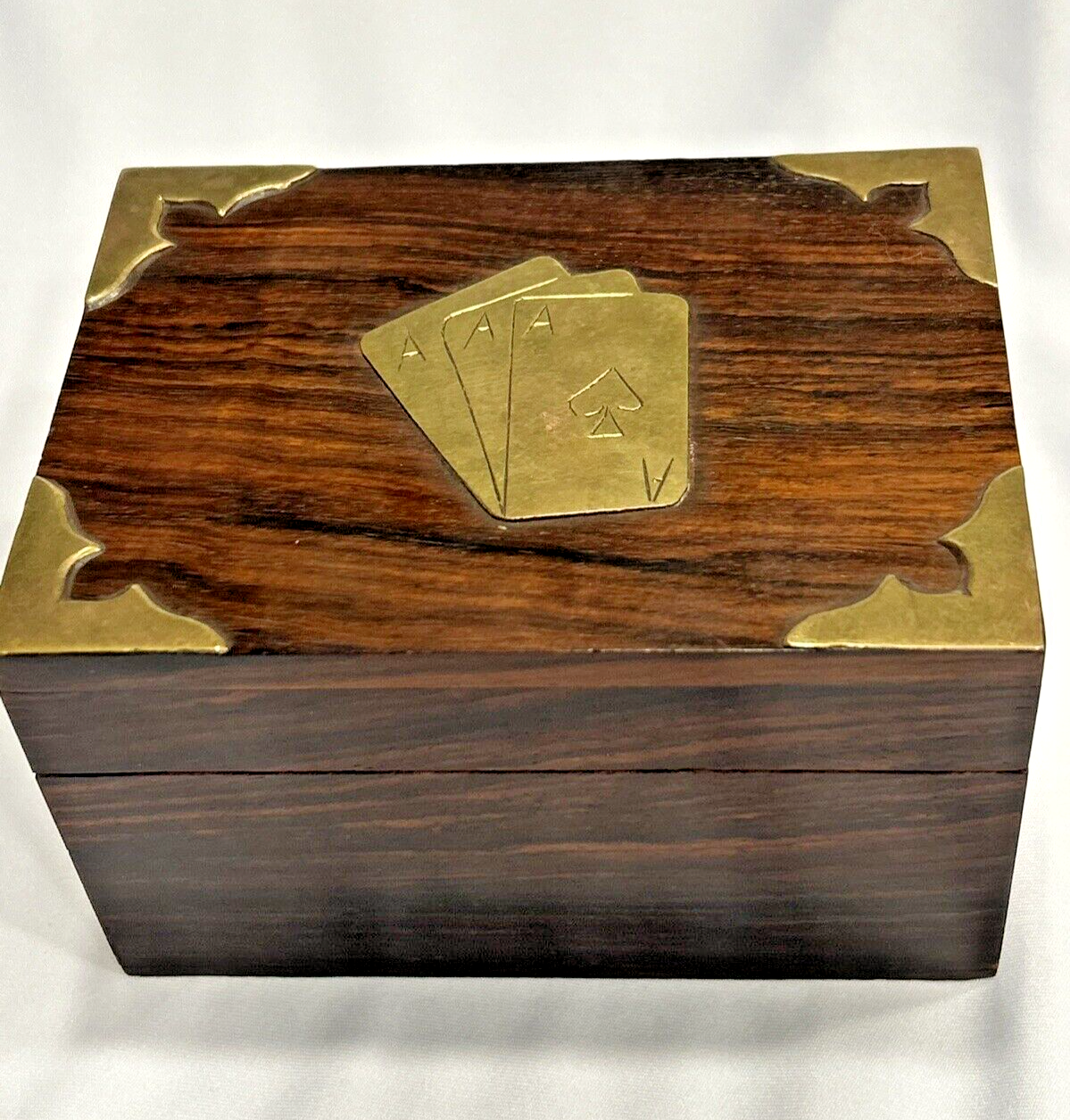 Vintage Solid Wood Card Deck Storage Box Etched Brass Details Aces 3 Slots