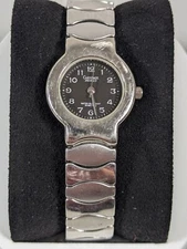 Carriage By Timex Indiglo Black Dial Round Silver Tone Case Stretch Band Watch