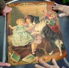 ANTIQUE GERMAN LITHOGRAPH POSTER PRINT / CHROMOLITHOGRAPH CHILDREN DOG GERMANY