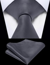 Mens Tie Set Grey Tie and Pocket Square Satin Zipper Pretied Ties Wedding Sol...