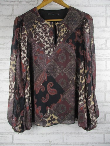 Portmans womens top blouse purple black paisley print 10 v-neck