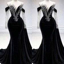 Velvet Mermaid Evening Dress Rhinestone Long Sleeve Formal Party Prom Gown Train