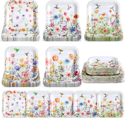Wildflower Paper Plates Set for Baby Showers and Spring Parties