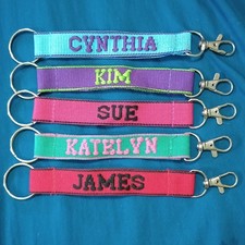 Personalized Embroidered Fabric Wristlet Key Chain Keyring, Multicolor Letter