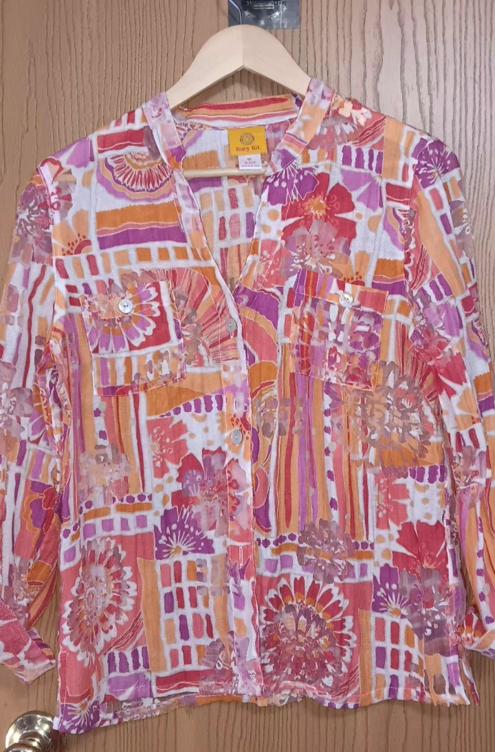 Ruby Rd Womens Long Sleeve Size 12 Swmi Sheer Multicolor Floral Button Up...