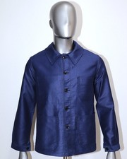 New French Vintage 1960s Blue Moleskin Work Chore Jacket Size S Made in France