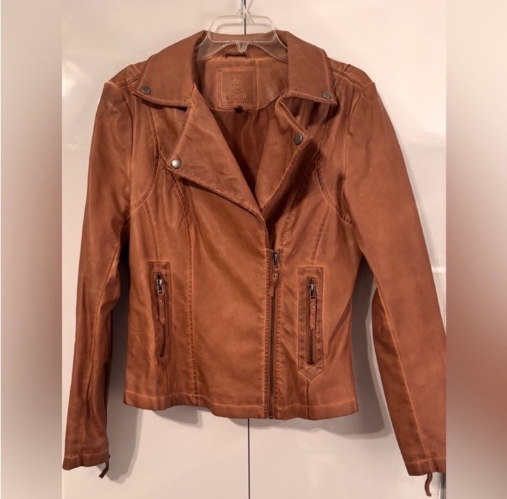 Max Studio Women’s Brown Caramel Faux Leather Biker Moto Jacket