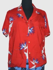Vintage PARADISE FOUND Red & Blue BIRD OF PARADISE Hawaiian Shirt MEDIUM
