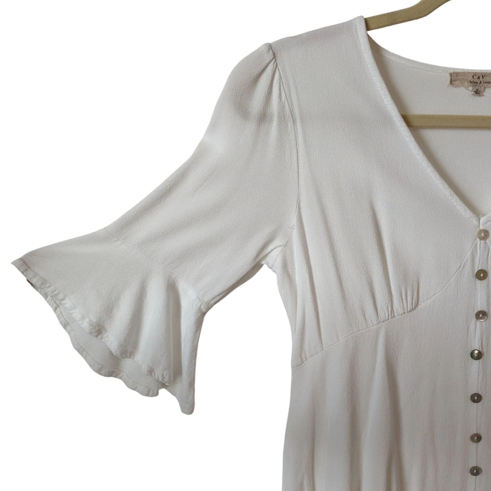 Chelsea & Violet Women's Mini Dress Small White Button Down V Neck Bell Sleeve - Image 4 of 4