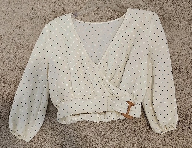 Francesca Womens Faux Wrap Blouse  Ivory W Black Polka Dots Size XS