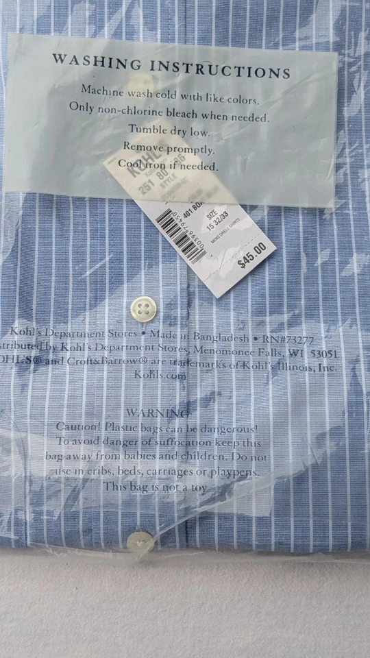 NUEVO CON ETIQUETAS Croft & Barrow Camisa de Vestir Croft & Barrow Fácil Cuidado Calce Clásico Azul Rayas 15.5 32/33 Foto 4 de 4