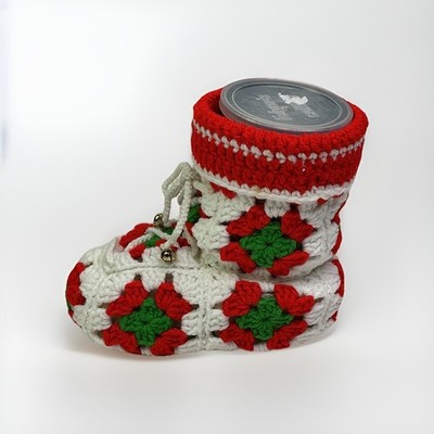 Vintage Handmade Crochet Granny Square Santa Boot Christmas Storage Decor 7x7x7 