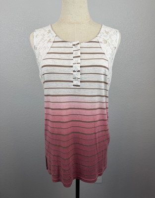 NWT Hem & Thread Ombre Striped Lace Detail Tank Brown/White/Pink | Size M